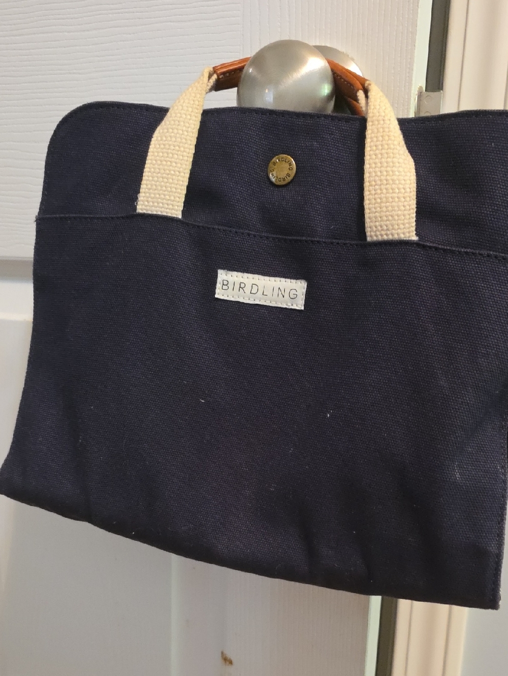 Birdling Navy Canvas Tote Bag with Cream Handles